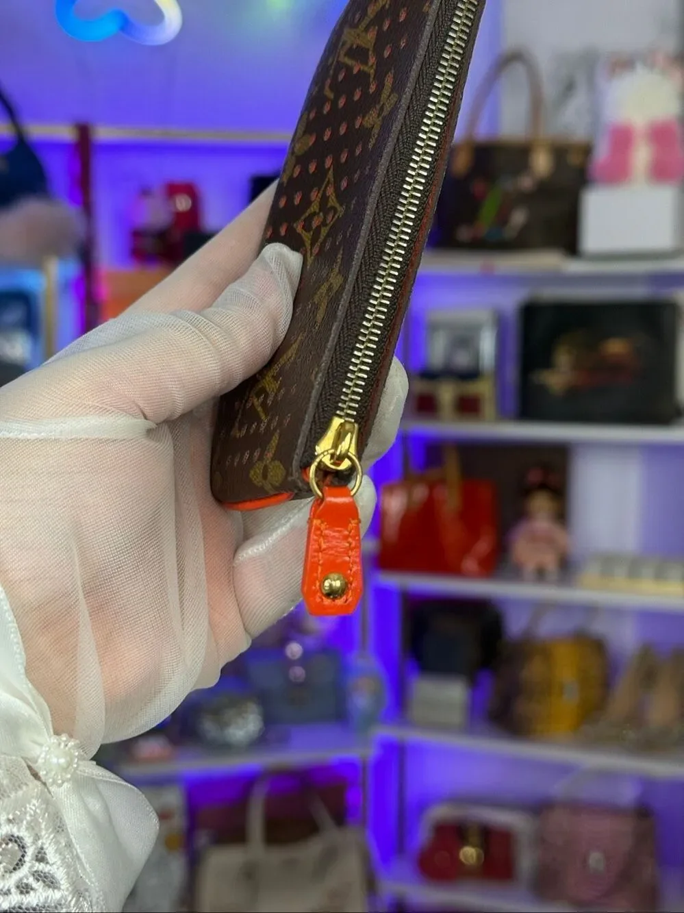 NIB Louis Vuitton Perforated Pochette Cles Orange Monogram Canvas Leather Wallet